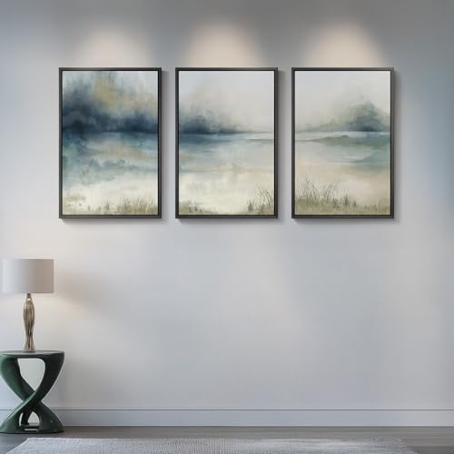 Large Framed Blue Abstract Landscape Wall Art (3 Count)