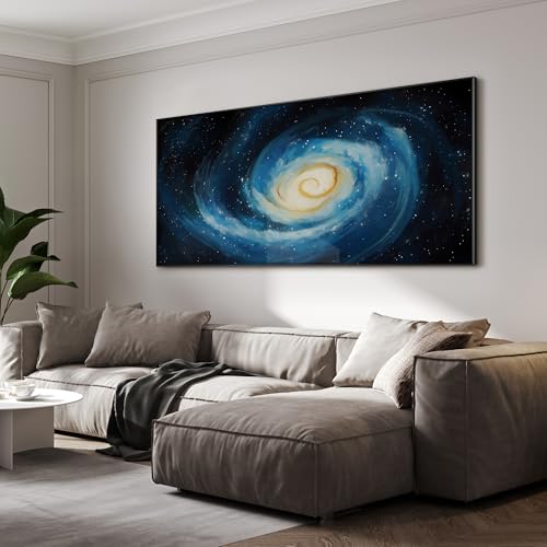 36"x72" Extra Large Framed Wall Art Spiral Galaxy Vivid Blue and Yellow Cosmic Space Illustration for Home Living Room Bedroom Decor