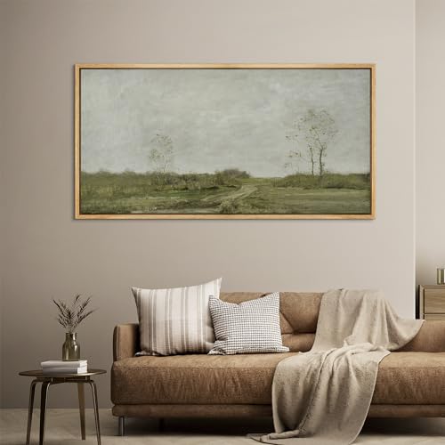 Extra Large Framed Canvas Print Wall Art Soft Pastoral Landscape Wall Art with Trees Antique Retro Fine Art Illustrations Decorative Colorful for Bedroom