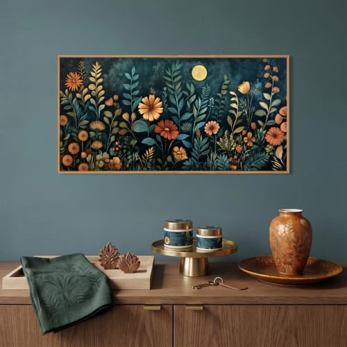 Moody Blue Floral Botanical Framed Canvas Wall Art Set