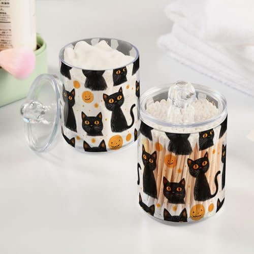 2 Pack Qtip Holder Organizer Dispenser Black Cats Halloween Bathroom Storage Canister Cotton Ball Holder Container for Cotton Pads (2 Count)