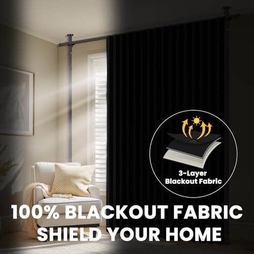 100% Blackout Room Divider Curtains Sets Black 2 Panels W100 x L84in No Drill Curtain Rods (2 Count)