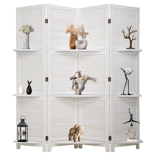 4 Panel Room Divider Folding Privacy Wooden Screen with Three Clever Shelf Portable Partition Wood Divider for Home Office