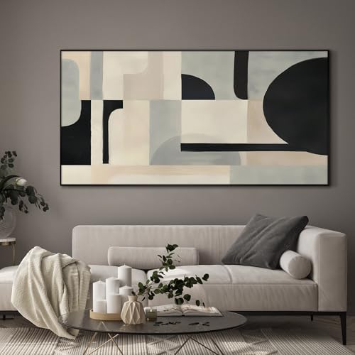 36"x72" Extra Large Framed Wall Art Modern Neutral Abstract Geometric in Black and Beige