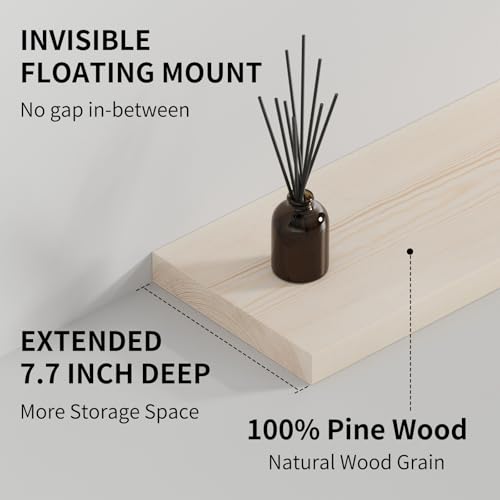 Floating Shelves 8 Inch Deep Solid Wood Wide Wall Shelf Set of 2 Wall Mounted for Bedroom Bathroom Living Room Kitchen (2 Count)