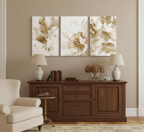3 Pcs Modern White Gold Floral Leaves Canvas Wall Art 12x16in (3 Count)