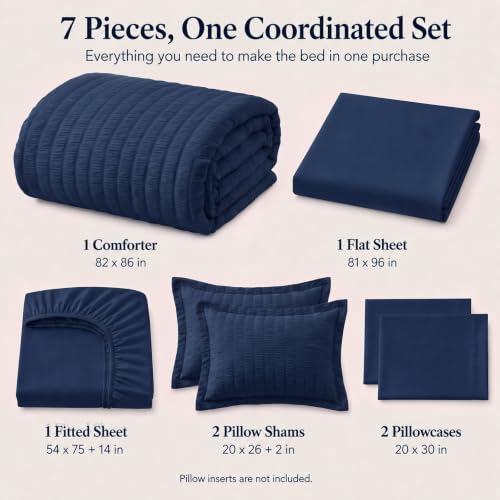 Full Size Comforter Sets 7 Pieces Navy Blue Seersucker Bed in a Bag