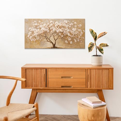 Canvas Wall Art Decor Beige Magnolia Tree of Life Canvas Art Wall Decor For Living Room Modern Tree Nature Botanical Canvas Prints White Flower Wall Art Decor For Bedroom Home Office Decor 20"×40"