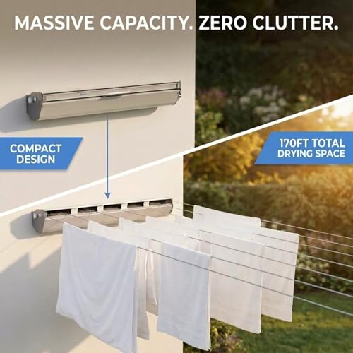 Steel and Aluminum 5‑Line Retractable Wall‑Mounted Dryer Slim Space‑Saving Laundry Rack