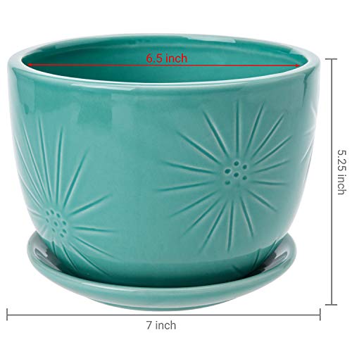 7 Inch Turquoise Ceramic Planter Pot with Drainage Hole & Saucer