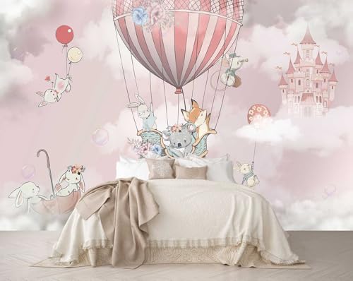 Animal Castle hot air Balloon Pink Wallpaper