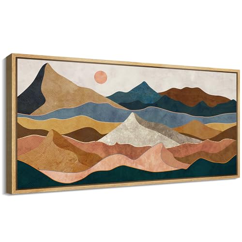 Extra Large Framed Canvas Print Wall Art Desert Peaks Colorful Geometric Mountain Illustrations Antique Retro Fine Art Illustrations Decorative Colorful for Bedroom