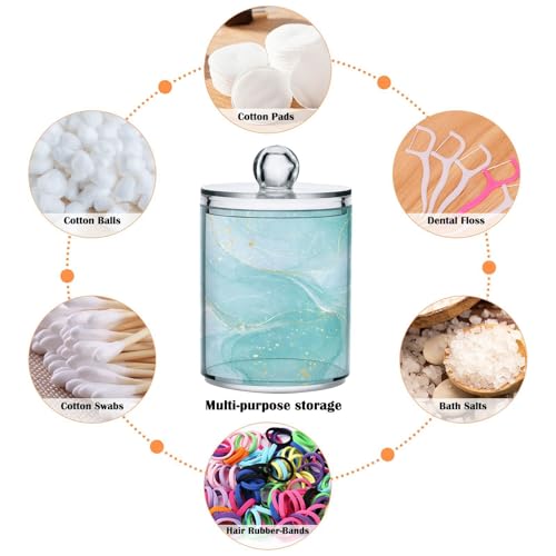 2 Pack Qtip Holder Dispenser Turquoise Marble Bathroom Storage Canister Lid 10 oz Acrylic Plastic Apothecary Jar Set Vanity Makeup Organizer for Cotton Swab (2 Count)