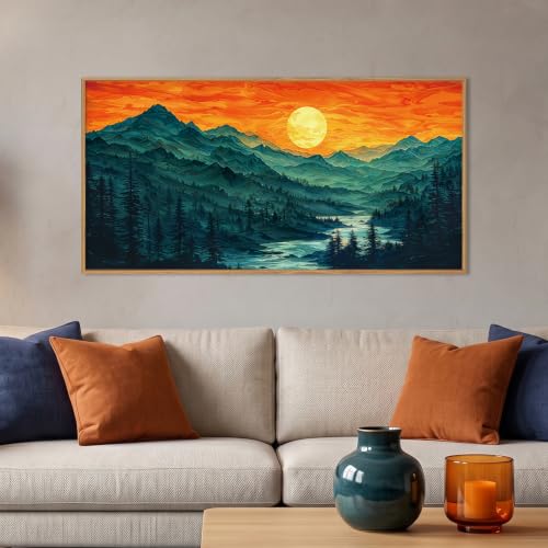 Boho Mountain Sunset Landscape Framed Canvas Wall Art