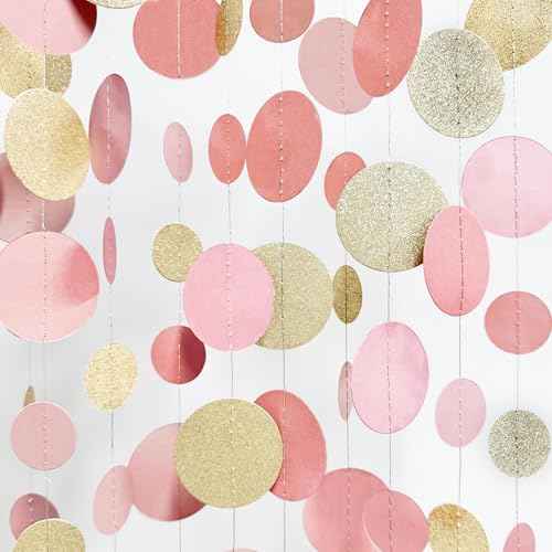 Champagne Gold Rose Pink Polka Dot Garland Champagne Dusty Pink Circle Dot Hanging Streamer Banner for Birthday Bridal Shower Wedding Engagement Retirement Boho Party Decorations Supplies