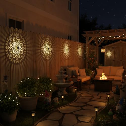 2 Pack Solar Fence Lights Metal Solar Powered Outdoor Deck Step Wall Lights Mandala Theme Waterproof Fence Light for Garden Post Patio Backyard Yard Decor (2 Count)