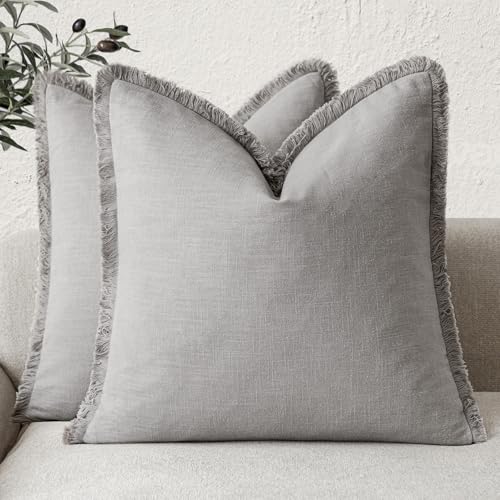 Decorative Linen Fringe Throw Pillow Covers 18×18 Light Gray (2 Count)