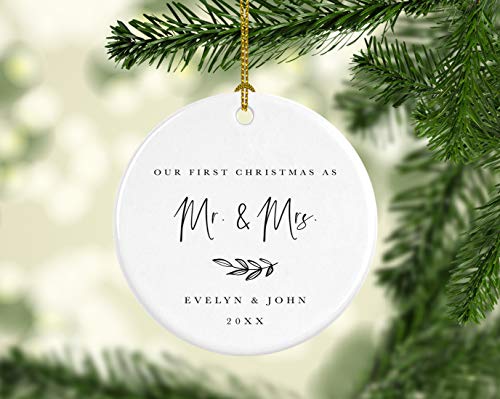 Personalized Wedding Round Ceramic Porcelain Christmas Tree Ornament Engagement Keepsake Collectible Gift Our First Christmas as Mr. & Mrs