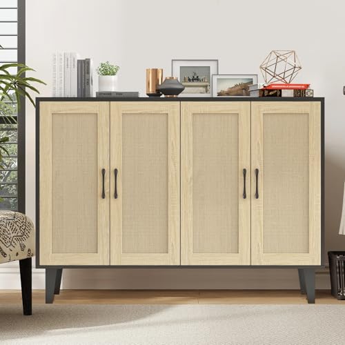Buffet Storage Cabinet with Rattan Decorating 4 Doors Living Room Kitchen Sideboard 48.43 x 34.65 x 15 inch