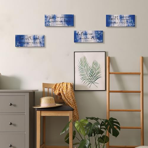 4 Pieces Blue Bathroom Decor Bible Verses Wooden Wall Decor Abstract Office Christian Religious Art for Women Office Home Bedroom Living Room Decoration (4 Count)