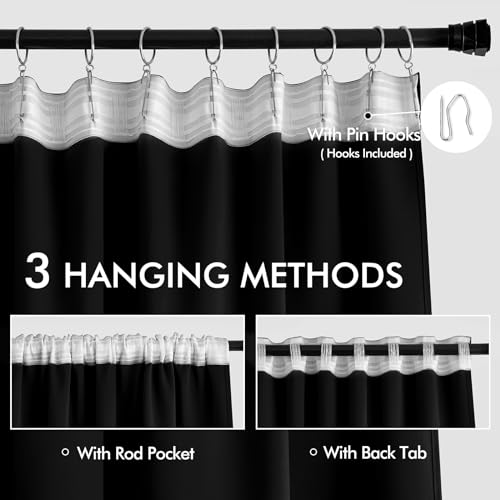 Black Back Tab Blackout Curtains 52x94 Inch Long 2 Panels Set (2 Count)