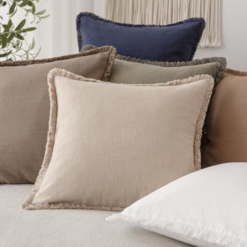 Decorative Linen Fringe Throw Pillow Covers 16×16 Inch (2 Count)