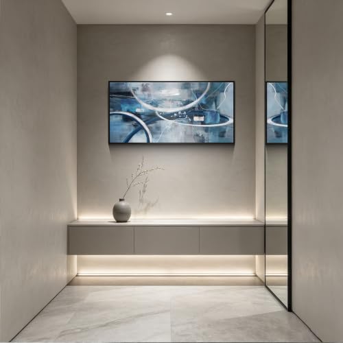 Blue Abstract Wall Art Modern Neutral Fluid Painting with Thin Black Frame