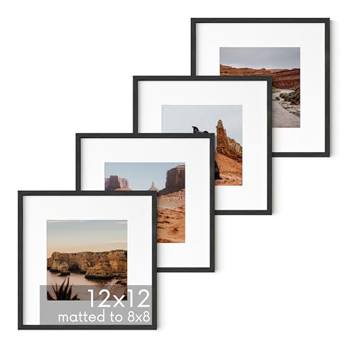 Solid Oak Wood 12”x12” Picture Frames Matted to 8”x8” Set of 4 (4 Count)