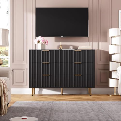 47.2" Fluted Black 6 Drawer Dresser for Bedroom with Deep Drawer