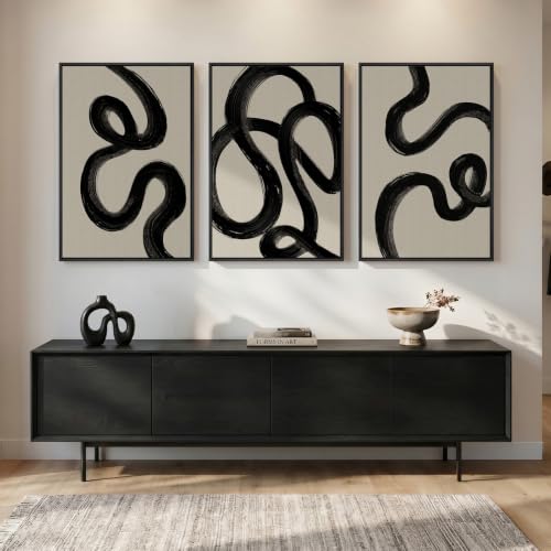 Large Framed Black and White Abstract Wall Art for Living Room (3 Count)