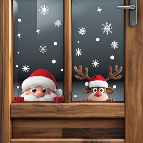 Christmas Window Clings for Glass 2 Sheet Santa Window Decals with Reindeer Designs Window Stickers Cute Windows Cling for Winter Party Supplies Home School Office Glass Decorations (2 Count)