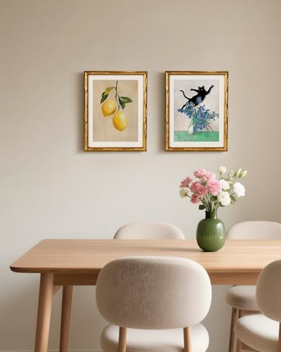 Gold Bamboo Framed Cat Wall Art Naughty Cat Painting 11x14 Inch