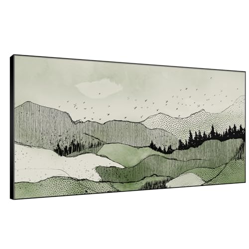 36"x72" Extra Large Framed Wall Art Green Line Art Mountain Landscape Illustration for Home Living Room Bedroom Decor