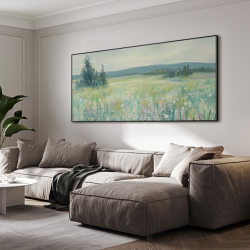 24"x46" Extra Large Framed Wall Art Wildflower Meadow Landscape Soft Pastel Nature Illustration for Home Living Room Bedroom Decor