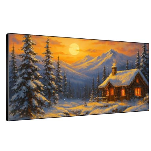24"x46" Extra Large Framed Wall Art Cozy Cabin in Snowy Mountain Landscape at Sunset for Home Living Room Bedroom Decor