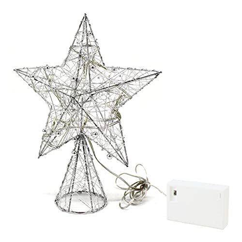 Silver Wire Woven Tree Top Star with Bright White LED Lights and Timer for Christmas Ornaments and Holiday Seasonal Décor
