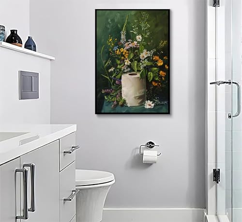 3Pcs Vintage Dark Green Bathroom Wall Art Shower Toilet Paper Roll Floral Poster Print Modern Farmhouse plants Painting Picture Wall Decor For Bathroom Living Room Decoration Unframed (3 Count)