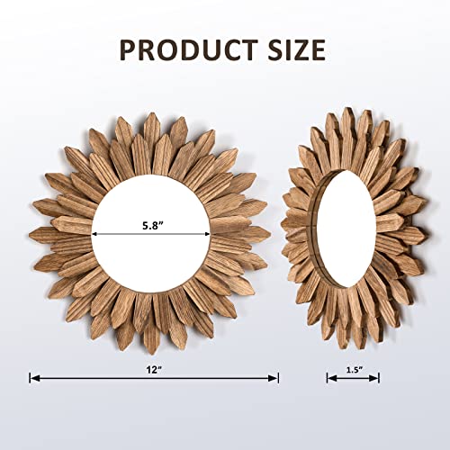 Wall Mirror Decorative 12 inch Rustic Wood Mirror Sunburst Boho Mirror for Entryway Bedroom Living Room Bathroom House Warming Gifts New Home Essential Carbonized Black