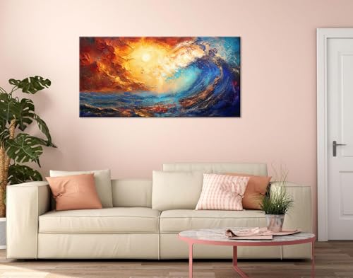 Abstract Ocean Wall Art for Living Room Beautiful Blue Sea Wave Seawater Colorful Sky Landscape Wall Art Decor Artwork Bedroom Office