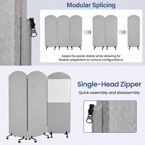 72 x 66 Inch 3 Panel Soundproof Room Divider with Wheels