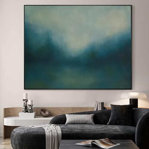 60"x72" Extra Large Framed Wall Art Misty Blue Landscape Abstract Ocean and Sky Illustration for Home Living Room Bedroom Decor