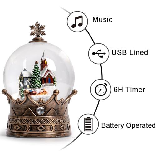 Christmas Snow Globe Lantern Water Glittering Village & Santa Crown with Music