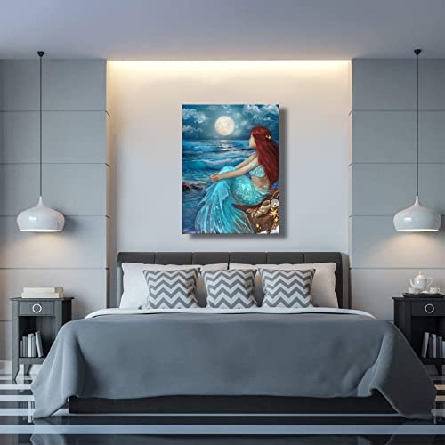 Aesthetic Wall Art for Living Room Bedroom Wall Decor Blue Canvas Prints Moon Night Artwork 24"x 36" Girls Room Decor