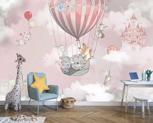 Animal Castle hot air Balloon Pink Wallpaper