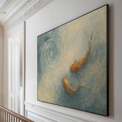 36"x46" Extra Large Framed Wall Art Koi Fish Swirl Tranquil Water Illustration for Home Living Room Bedroom Decor