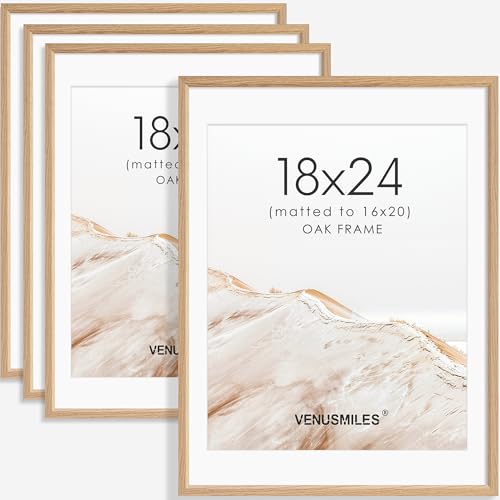 18x24 Poster Frame Set of 4 Natural Solid Oak Photo Frames with 16x20 Removable Mat Wall Hanging Large Handcrafted Frame with HD Plexiglass Wall and Tabletop Display Large Picture Frame (4 Count)