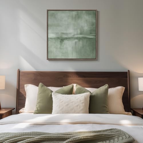 Framed Sage Green Abstract Canvas Wall Art for Living Room Decor