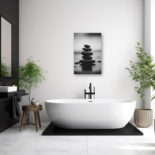 Zen Canvas Wall Art Black and White Zen Stone Picture Print Meditation Relax Spirit Spa Room Bathroom Decor Frame (3 Count)