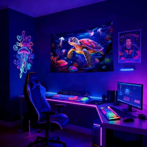 Blacklight Turtle Tapestry Glow in the Dark Ocean Tapestry Wall Hanging Black Light Sea Turtle Poster for Kids Teen Room Bedroom Decor 39.1" L x 59.1" W