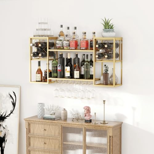 Wall Mounted Wine Rack with Glass Holder for Home Bar Storage